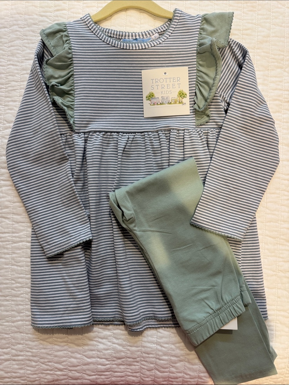 Trotter Street Kids Sage & Gray Striped Ruffle Pajama Set
